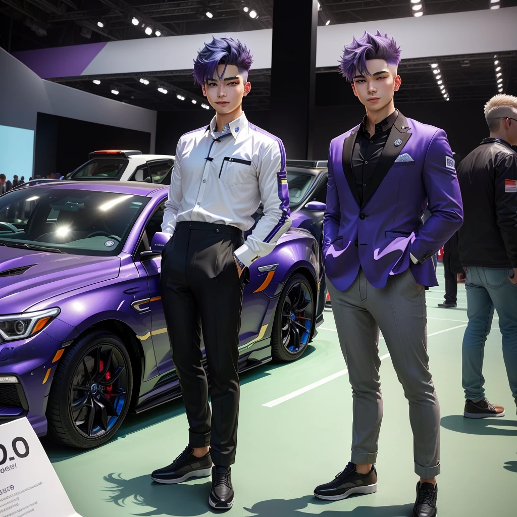 1 male standing, event staff (simple and chic costume), messy short bluish-purple hair, large expressive purple eyes, blush kind smile, (masterpiece best quality:1.2) delicate illustration ultra-detailed BREAK (standing next to the latest model car), (holding pamphlet) BREAK (motor show indoors), audience, detailed background