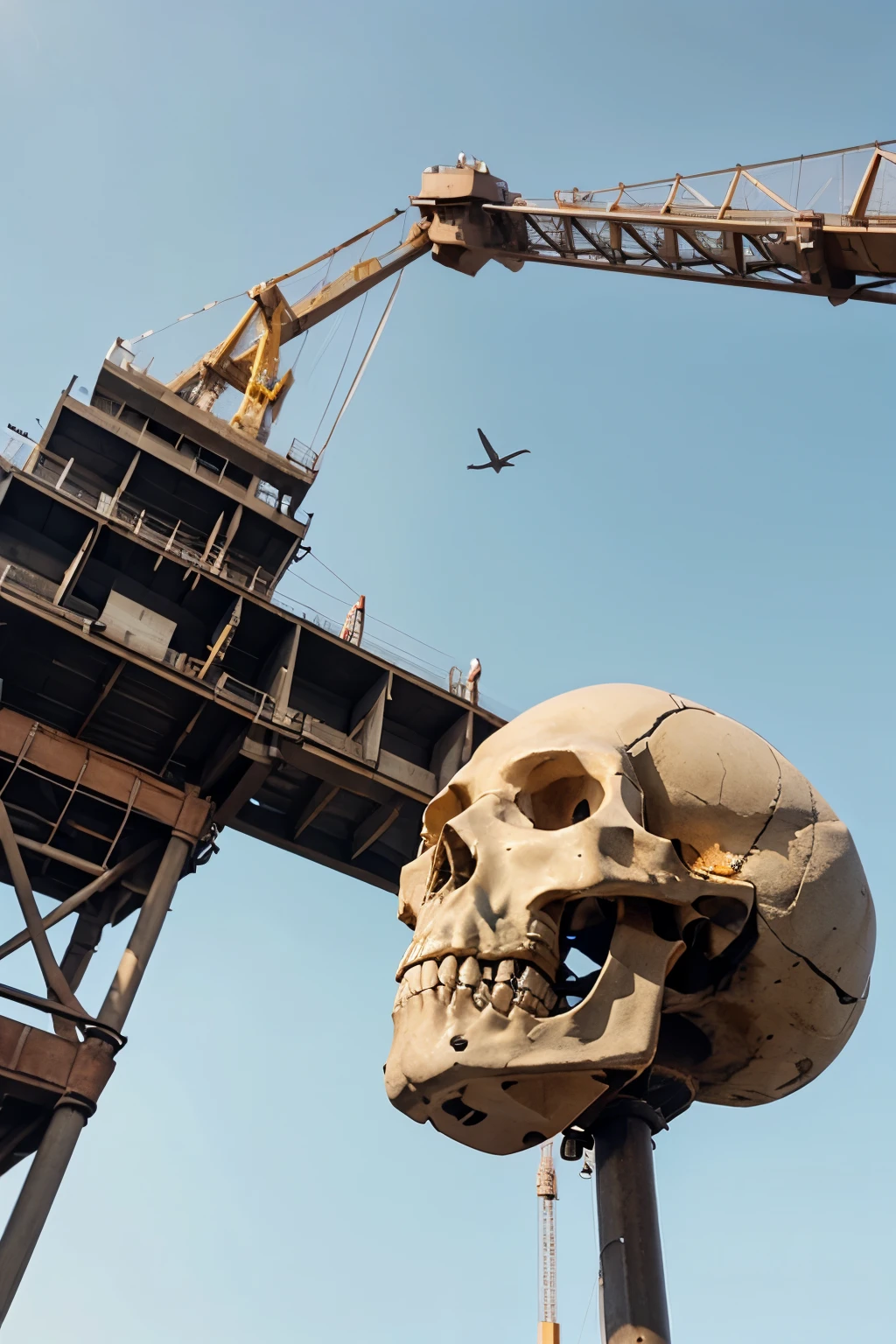 A construction crane seen from below from a low angle, with an absolutely giant human skull hanging on the crane arm