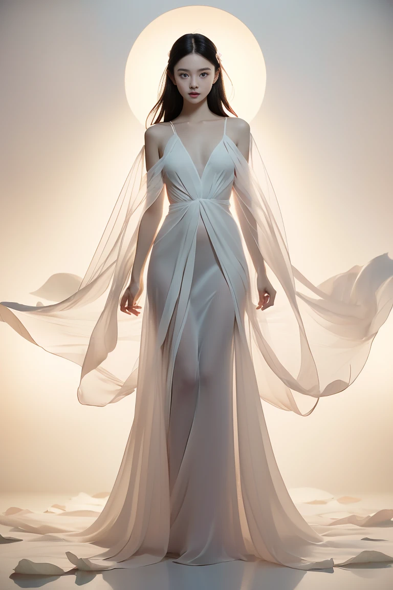 Axisymmetric:2，Front view，Symmetrical composition，Light pink and light white,Full body female,  White background, Natural Lighting, Lighting Effects, The Minimalists, elegant, Pure tenderness, Soft lighting, Realistically. woman (clavicle, Shoulders,) Place in (pray and stand) super giant lotus，The petals are big and long (The petals are very thin, Soft gauze, Full background of flowing petals, Floating petals, Super Flying Petals, Smoke and petals mixed effect), lotus dress,((view)).lotus_leaf_Fairy，Anatomically correct，((best quality)), ((masterpiece)), ((Practical))