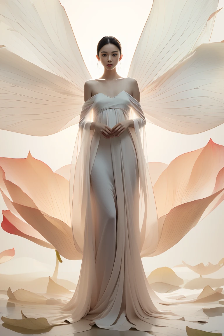 Axisymmetric:2，Front view，Symmetrical composition，Light pink and light white,Full body female,  White background, Natural Lighting, Lighting Effects, The Minimalists, elegant, Pure tenderness, Soft lighting, Realistically. woman (clavicle, Shoulders,) Place in (pray and stand) super giant lotus，The petals are big and long (The petals are very thin, Soft gauze, Full background of flowing petals, Floating petals, Super Flying Petals, Smoke and petals mixed effect), lotus dress,((view)).lotus_leaf_Fairy，Anatomically correct，((best quality)), ((masterpiece)), ((Practical))