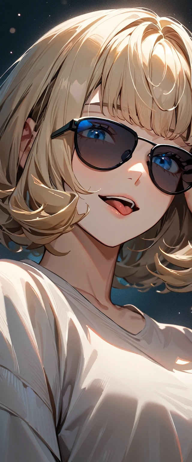 (((One girl))), (((portrait, face))), ((from below)), (((looking down))), ((outward curled hair)), from side:1.3, sea, beach, evening, Sunset, ((Sitting on a cliff)), wavy hair, blond hair, open mouth, tongue out, ((sunglasses, hand to sunglasses)), (bob cut:1.3)), breasts, standard body, (looking at viewer), oversized clothes, puffy long sleeves, collarbone, ((off-shoulder sweater dress:1.3, Quite thick shoulder straps)), (((sleeves past wrists:1.3))), ((black sweater)), teenager, head tilt:1.3, (((blue eye))), ((happy smile)), (((anime style))), (best quality, 4K, 8K, highres, masterpiece:1.2, ultra-detailed, ultra-detailed eyes, HDR, uhd, studio lighting, ultra-fine painting, sharp focus, physically-based rendering, extreme detail description, professional, vivid colors, bokeh), ((Highest quality, Best image quality, Ultra-high resolution, Ultra-high resolution, solo, Strong eye highlights)), Depth of written boundary, Natural soft light, attractive, Beautiful Face, Cleanliness, Pure Face, medium chest, Beautiful Face, Perfect Fingers, Perfect hands, Perfect body, Perfect Face, Shine a light into your eyes, Perfect Anatomy