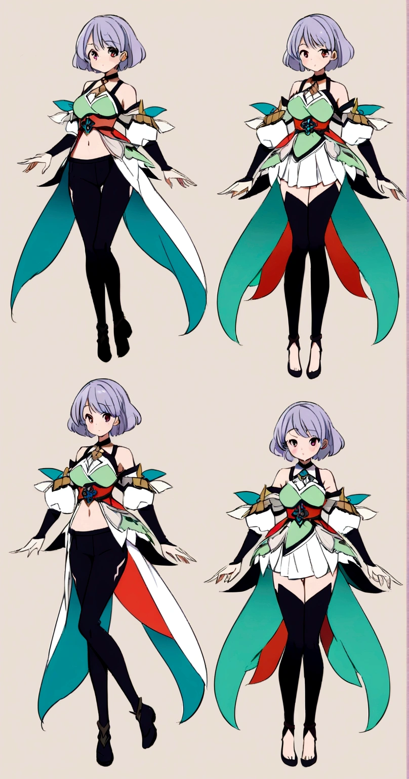 character design board, anime girl, design, just one character, clothes, rotation, fantasy clothes, complex design, body rotation