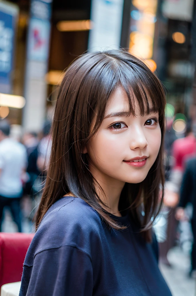 (8K, RAW Photos, Highest quality, masterpiece: 1.2), (Realistic, photoRealistic: 1.37), Super detailed, Ultra-high resolution, One Girl, Beholder, Beautifully detailed face, smile, narrow, (Slim waist): 1.3), T-Shirts, Beautifully detailed skin, Skin Texture, Floating Hair, Professional Lighting,