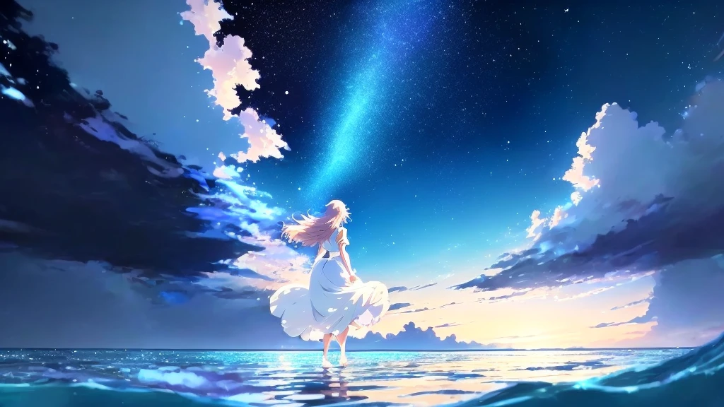 anime, A girl in a white dress floats in the water, Makoto Shinkai Cyril Rolland, anime girl walking on water, anime movie background, beautiful anime scene, today's featured anime still, anime film still, screenshot from the anime film, anime still film anime shikishi, star(null) starry_null