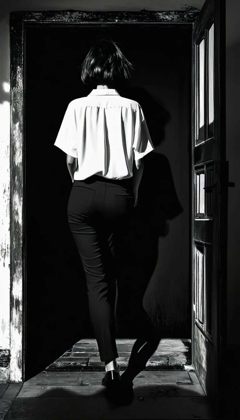 A plain white shirt and black pants,Back view of a woman with messy short hair,She walked into a black roofless wall,Black inside door。She was illuminated by the light and three shadows were cast into the door。The shadow is other than the woman's own,There are two shadows, one male and one female, on the left and right.。Bird's-eye view。
