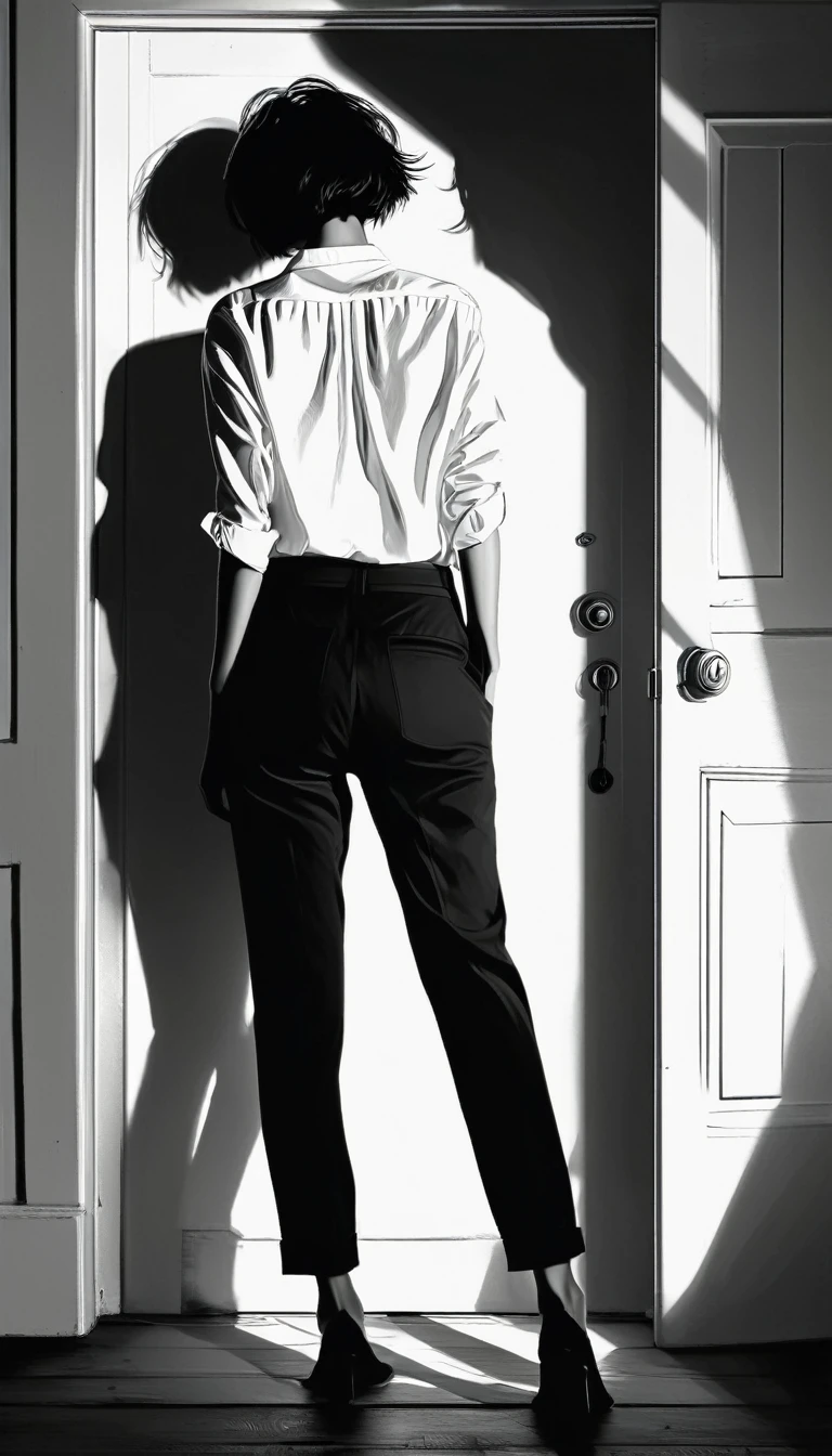A plain white shirt and black pants,Back view of a woman with messy short hair,She walked into a black roofless wall,Black inside door。She was illuminated by the light and three shadows were cast into the door。The shadow is other than the woman's own,There are two shadows, one male and one female, on the left and right.。Bird's-eye view。
