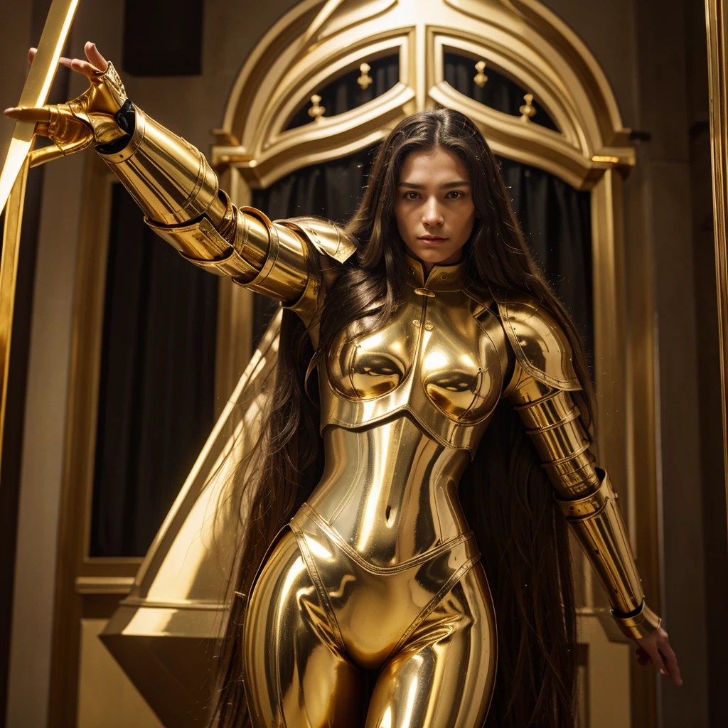 Aldebaran Taurus knight with long thin hair, golden armor with slender design