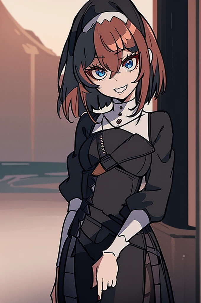 a beautiful girl with red hair wearing a black dress, detailed facial features, bob haircut, full body illustration, woman wearing a long black and red coat, solo character, white background, anime style, highly detailed, photorealistic, 8k, best quality, masterpiece, blue eyes, short hair