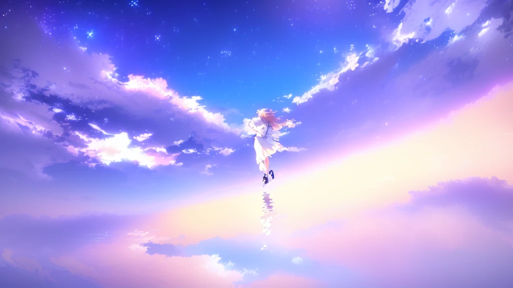 anime, A girl in a white dress floats in the water, Makoto Shinkai Cyril Rolland, anime girl walking on water, anime movie background, beautiful anime scene, today's featured anime still, anime film still, screenshot from the anime film, anime still film anime shikishi, star(null) starry_null