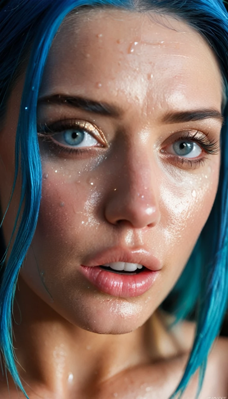 a close up of a woman with blue hair and a flower in her hair, makeup. unreal engine, wet shiny skin, slightly tanned, close up of a blonde woman, captivating glowing lights, bronze face, inspired by Petros Afshar, portrait of nordic girl, tears running down face, 4 k editorial photograph, glossy photo,flat chested,pov, Orgasm and passion on the face, excited lips,orgasmface, Beejay