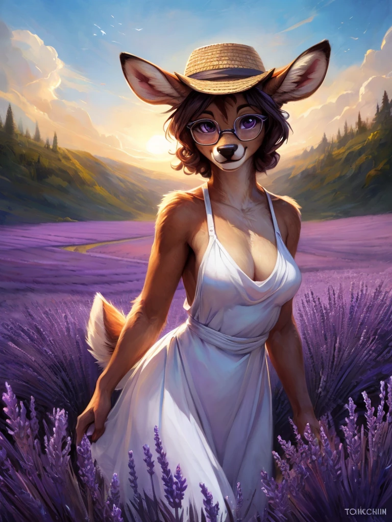 uploaded on e621, by Pixelsketcher, by Bayard Wu, by Thomas Benjamin Kennington , by Einshelm, by hioshiru and kenket, Chunie, portrait, solo anthro female deer doe, with small featureless breasts, clear dark blue, cinematic lighting, day, sunny day, lavender field, stays in a lavender field, lavender field background, mediterranean background, horizon background, shiny, short curly dark brown hair, wears big black nerd glasses, very very beautiful furry art, furry art, smiling, joyful, shiny, happy, feminine, cute face, muzzle, fluffy chest, flawless face, Fallow deer, 1girl, Sakimichan is beautiful, Masterpiece, Wavethesallow Face, shiny, Detailed image, portrait, Detailed image, portrait, full body, wearing pure white and wide spaghetti straps dress, wearing big and wide beige summer straw hat, shiny, realistic face, perfect anatomy, hourglass body, (furry body:1.1), anthropomorphic deer, looks at the viewer, small fluffy tail, detailed background, (cute anatomy:1.1), stands in a lavender field
