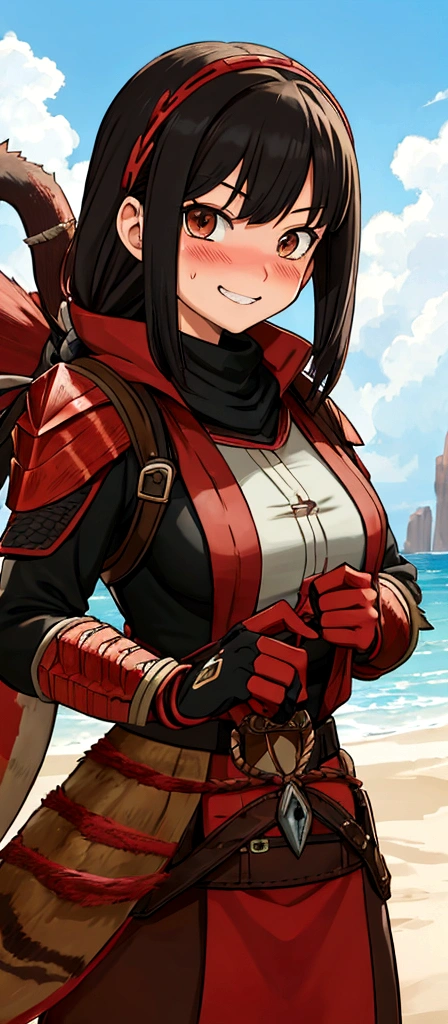 (monsterhunter)), looking the viewer, solo, girl, shy, red cheek, bashful, embarrassed, smiling, happy, perfect face, muscular, long hair, beautiful eye, upper body