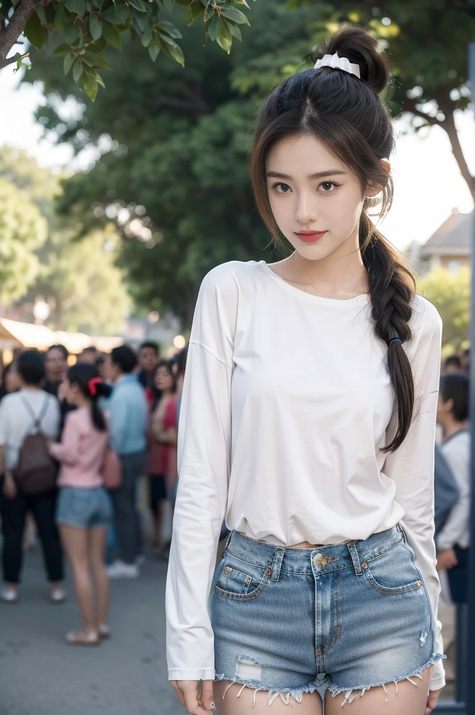 (((best quality))),(((ultra detailed))),(((masterpiece))),illustration,((1 beautiful girl,solo)),((slim,thin)),((small breasts,flat chest)), outside school gate, summer twilight, sunlight,(short ponytail:1.3),((white long-sleeved shirt)),(underneath the shirt was tank top),((denim shorts,slender legs)),animated face, excited eyes, sounds of laughter, chatter, excitement of summer vacation, air filled with energy, school gate golden glow, symbol of end of academic year, schoolyard transformed, reunion, farewells, embracing setting sun, face illuminated, moment captured, fleeting instant, essence of summer, carefree spirit, youthful exuberance, embodiment of season, sun dips, rosy glow, joy of living,promise of adventures,((standing,from front,upper body)),(surrounded by crowded crowds:1.3)