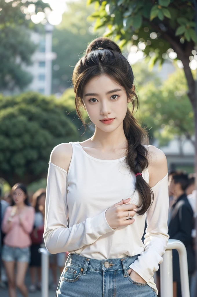 (((best quality))),(((ultra detailed))),(((masterpiece))),illustration,((1 beautiful girl,solo)),((slim,thin)),((small breasts,flat chest)), outside school gate, summer twilight, sunlight,(short ponytail:1.3),((white long-sleeved shirt)),(underneath the shirt was tank top),((denim shorts,slender legs)),animated face, excited eyes, sounds of laughter, chatter, excitement of summer vacation, air filled with energy, school gate golden glow, symbol of end of academic year, schoolyard transformed, reunion, farewells, embracing setting sun, face illuminated, moment captured, fleeting instant, essence of summer, carefree spirit, youthful exuberance, embodiment of season, sun dips, rosy glow, joy of living,promise of adventures,((standing,from front,upper body)),(surrounded by crowded crowds:1.3)