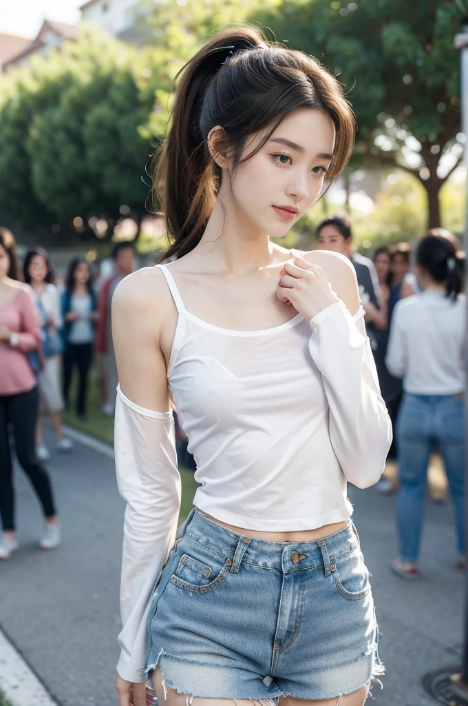 (((best quality))),(((ultra detailed))),(((masterpiece))),illustration,((1 beautiful girl,solo)),((slim,thin)),((small breasts,flat chest)), outside school gate, summer twilight, sunlight,(short ponytail:1.3),((white long-sleeved shirt)),(underneath the shirt was tank top),((denim shorts,slender legs)),animated face, excited eyes, sounds of laughter, chatter, excitement of summer vacation, air filled with energy, school gate golden glow, symbol of end of academic year, schoolyard transformed, reunion, farewells, embracing setting sun, face illuminated, moment captured, fleeting instant, essence of summer, carefree spirit, youthful exuberance, embodiment of season, sun dips, rosy glow, joy of living,promise of adventures,((standing,from front,upper body)),(surrounded by crowded crowds:1.3)