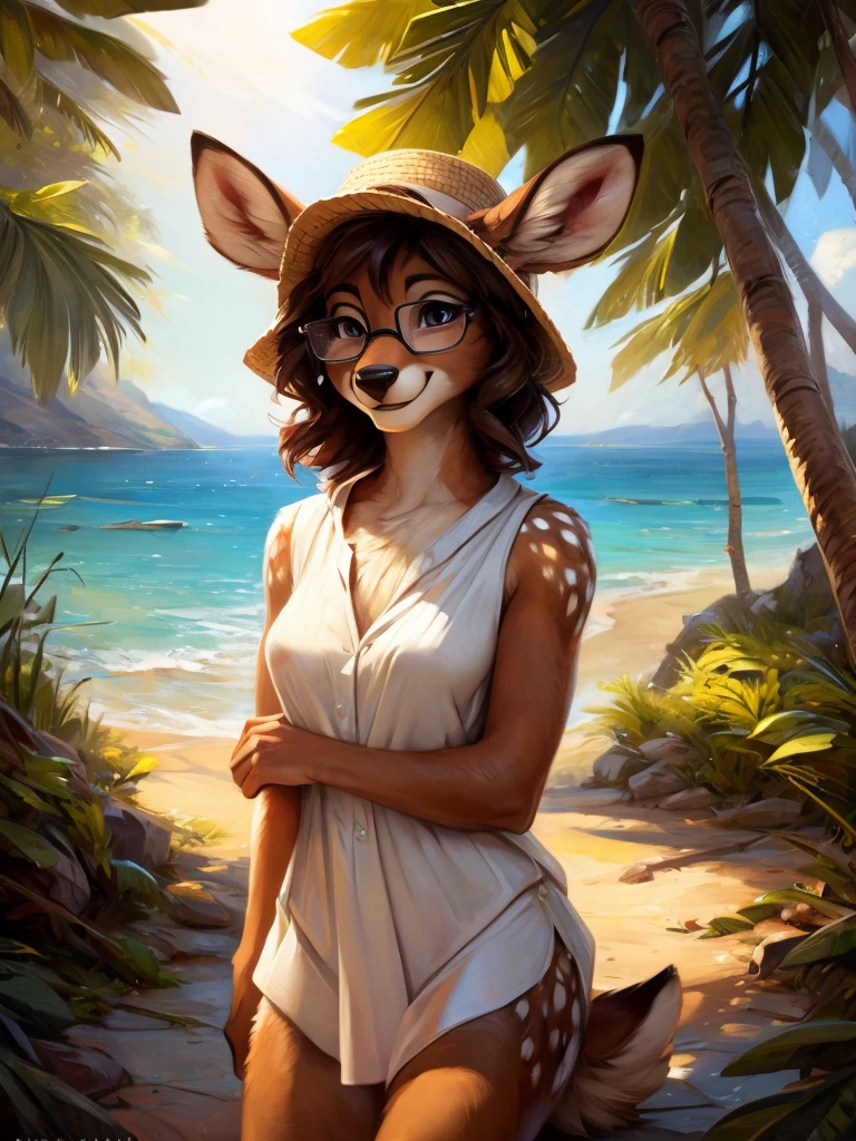 uploaded on e621, by Pixelsketcher, by Bayard Wu, by Thomas Benjamin Kennington , by Einshelm, by hioshiru and kenket, Chunie, portrait, solo anthro female deer doe, with small featureless breasts, clear dark blue, cinematic lighting, day, sunny day, beach, stays in the sea, sea background, mediterranean background, horizon background, shiny, short curly dark brown hair, wears big black nerd glasses, very very beautiful furry art, furry art, smiling, joyful, shiny, happy, feminine, cute face, muzzle, fluffy chest, flawless face, Fallow deer, 1girl, Sakimichan is beautiful, Masterpiece, Wavethesallow Face, shiny, Detailed image, portrait, Detailed image, portrait, full body, wearing wide, long, white blouse, wearing big and wide beige summer straw hat, shiny, realistic face, perfect anatomy, hourglass body, (furry body:1.1), anthropomorphic deer, looks at the viewer, small fluffy tail, detailed background, (cute anatomy:1.1), windy, smiling, very happy, happy