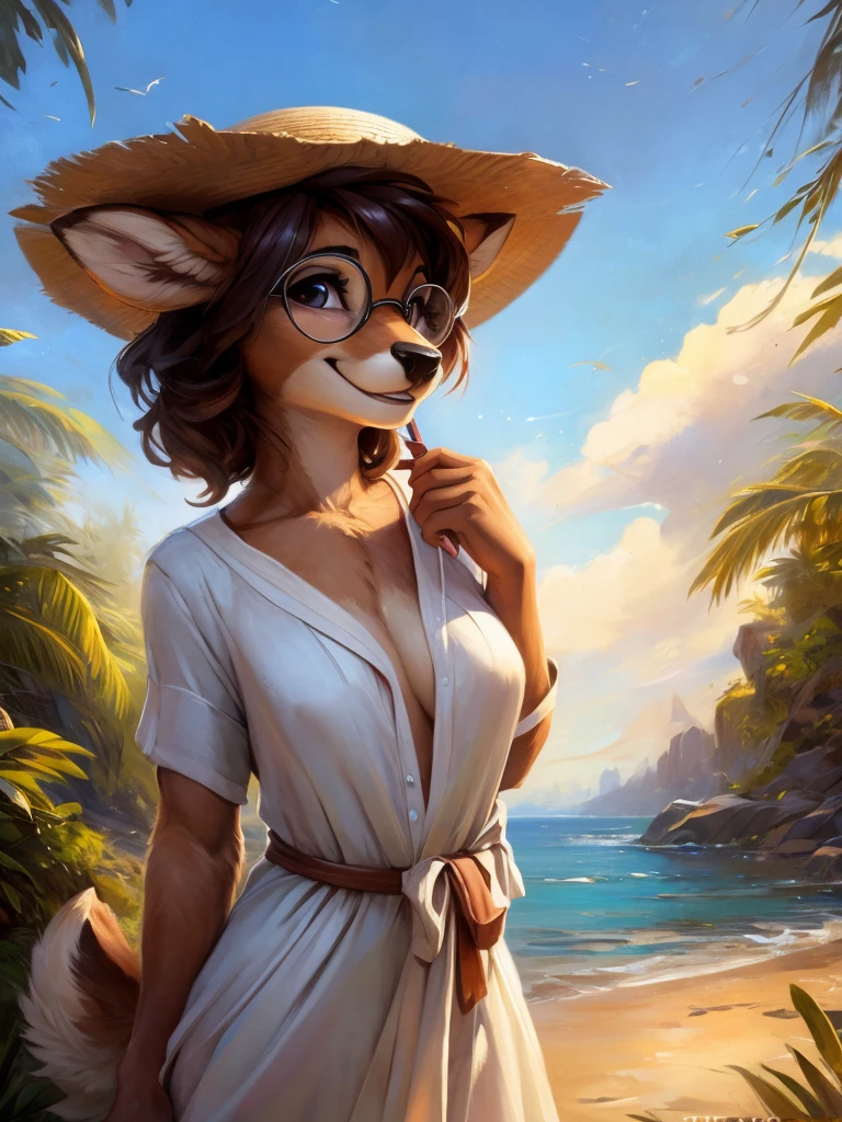 uploaded on e621, by Pixelsketcher, by Bayard Wu, by Thomas Benjamin Kennington , by Einshelm, by hioshiru and kenket, Chunie, portrait, solo anthro female deer doe, with small featureless breasts, clear dark blue, cinematic lighting, day, sunny day, beach, stays in the sea, sea background, mediterranean background, horizon background, shiny, short curly dark brown hair, wears big black nerd glasses, very very beautiful furry art, furry art, smiling, joyful, shiny, happy, feminine, cute face, muzzle, fluffy chest, flawless face, Fallow deer, 1girl, Sakimichan is beautiful, Masterpiece, Wavethesallow Face, shiny, Detailed image, portrait, Detailed image, portrait, full body, wearing wide, long, white blouse, wearing big and wide beige summer straw hat, shiny, realistic face, perfect anatomy, hourglass body, (furry body:1.1), anthropomorphic deer, looks at the viewer, small fluffy tail, detailed background, (cute anatomy:1.1), windy, smiling, very happy, happy