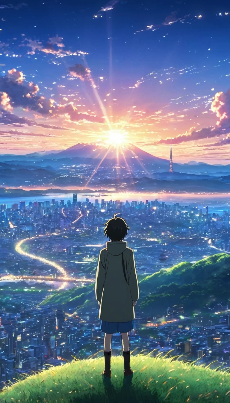 a close up of a person standing on a hill with a city in the background, anime movie background, beautiful anime scene, amazing wallpaper, watching the sun set. anime, colorful anime movie background, cosmic skies. by makoto shinkai, ( ( makoto shinkai ) ), anime sky, your name movie style, anime background, anime beautiful peace scene