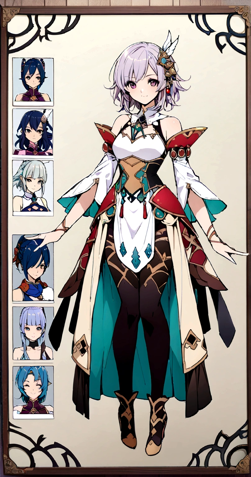 character design board, anime girl, design, just one character, clothes, rotation, fantasy clothes, complex design, body rotation,