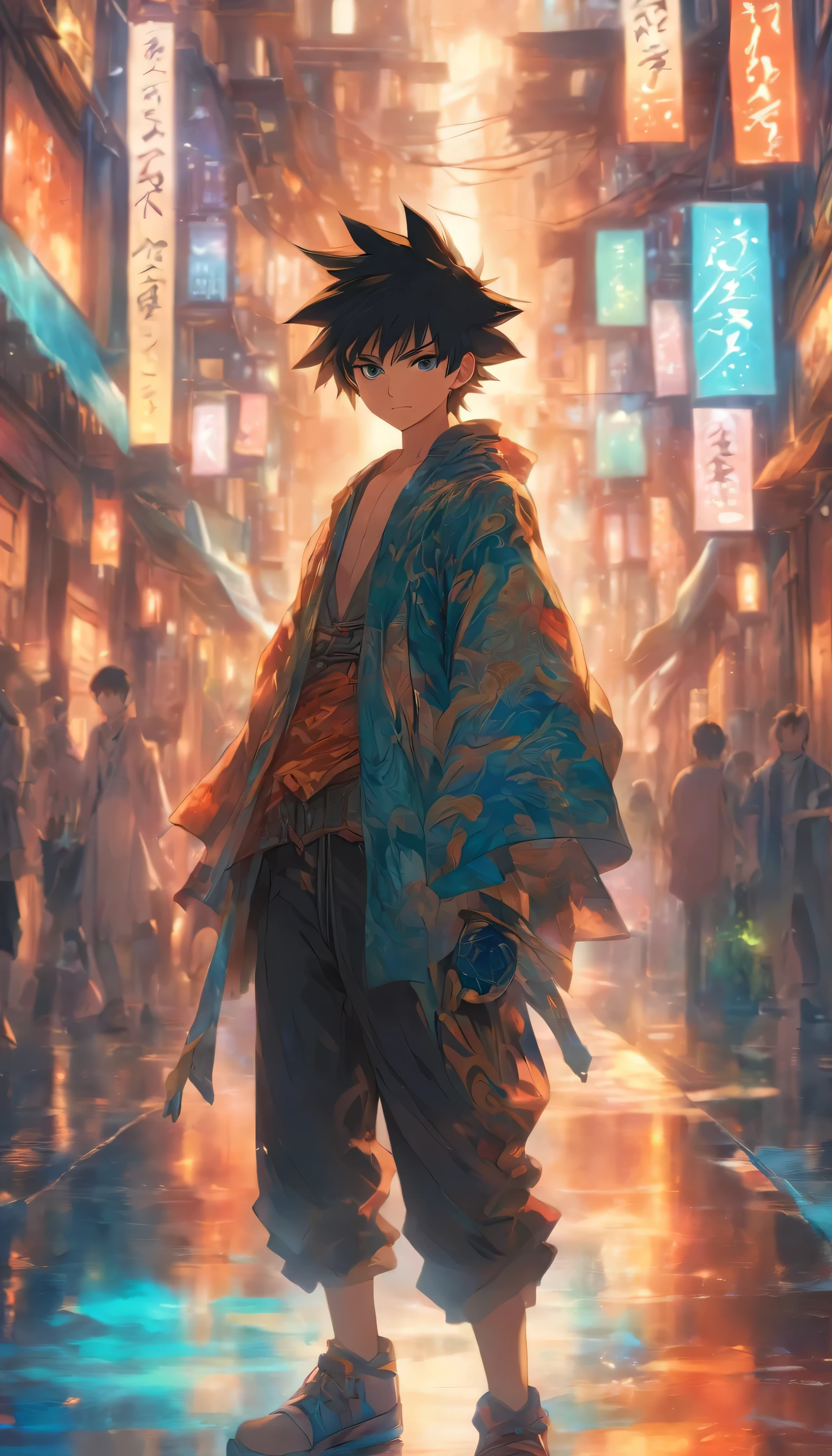 A boy walking on the street of a fantasy world, cinematic, dramatic lighting, colorful, intricate details, highly detailed, photorealistic, 8k, masterpiece, concept art, digital painting