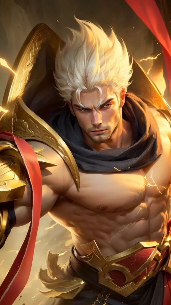 a close up portrait of a muscular shirtless man with long white hair, gilgamesh, chiseled facial features, piercing eyes, powerful presence, dramatic lighting, photorealistic, cinematic, highly detailed, 8k