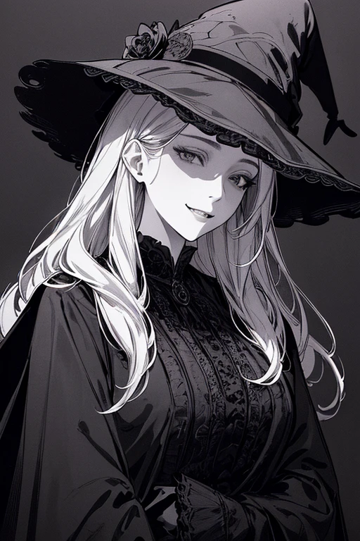 Highest quality, (Background details), High Contrast, Very beautiful woman, Detailed original illustrations、functional、witch、Pointed hat、Black Robe、Delicate face、Charm、Villainess、sexy、Real breasts、Crazy Smile, Crazy Eyes,   Black background, (Black background: 1.5), Beautiful line art、Monochrome