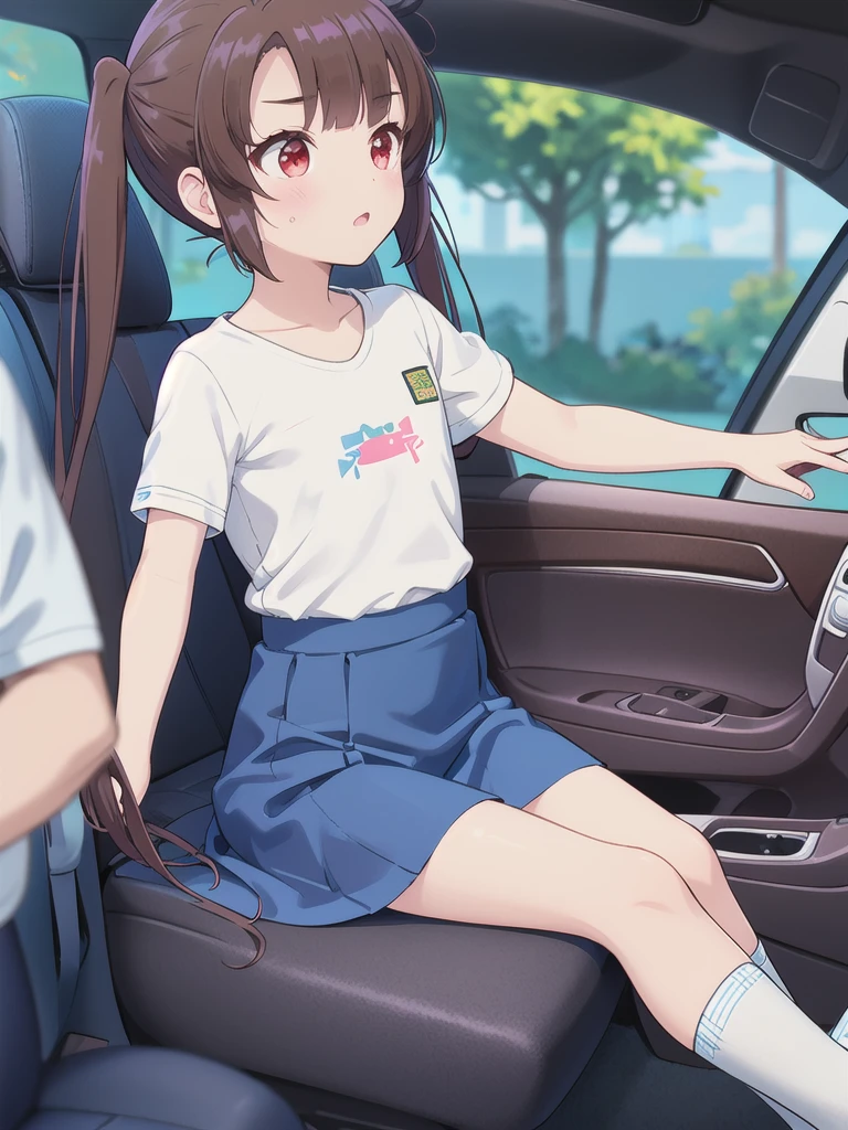 In the car,Sitting,Have a handle,driving,1 Girl, 独奏, Red eyes,Fluttering Hair, Twin tails, brown hair,crawling,((顔 focus)),upper body,White T-shirt,Blue Skirt, bangs, eyebrows visible through hair, Flat Chest,