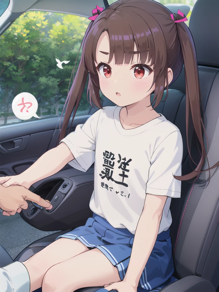 In the car,Sitting,Have a handle,driving,1 Girl, 独奏, Red eyes,Fluttering Hair, Twin tails, brown hair,crawling,((顔 focus)),upper body,White T-shirt,Blue Skirt, bangs, eyebrows visible through hair, Flat Chest, 