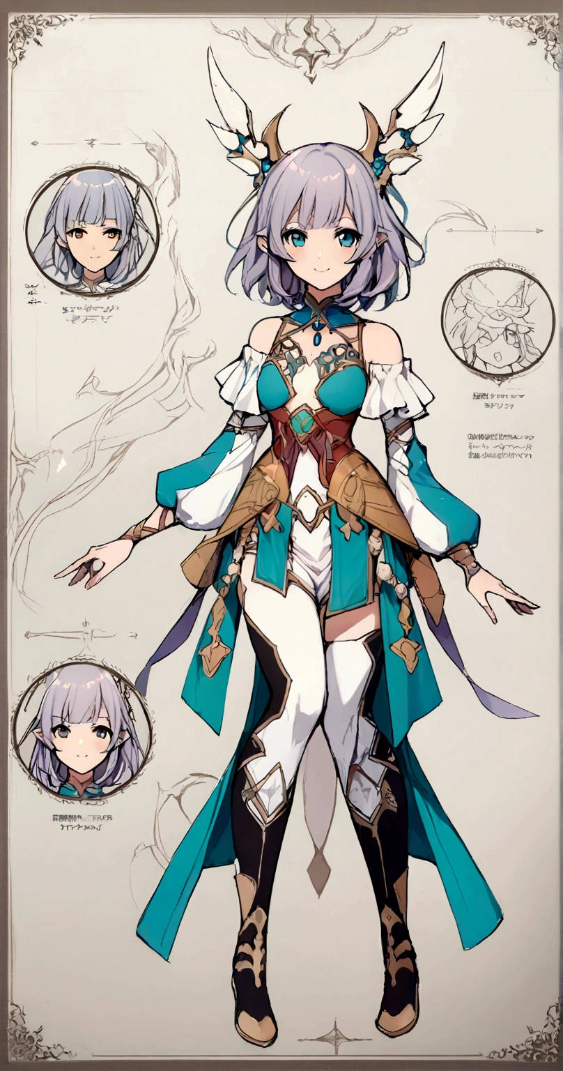 character design board, anime girl, design, just one character, clothes, rotation, fantasy clothes, complex design, body rotation