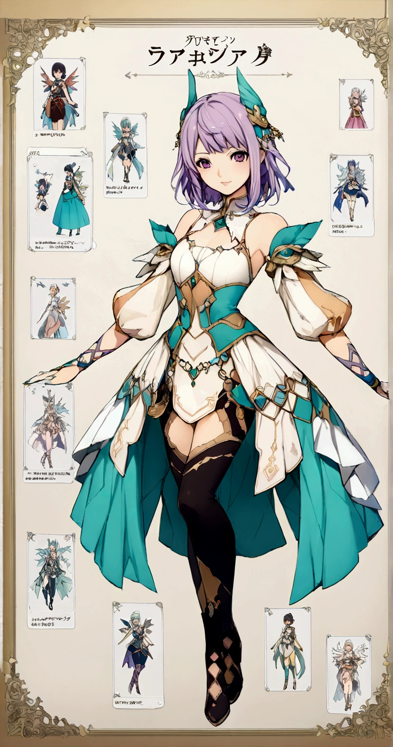character design board, anime girl, design, just one character, clothes, rotation, fantasy clothes, complex design, body rotation