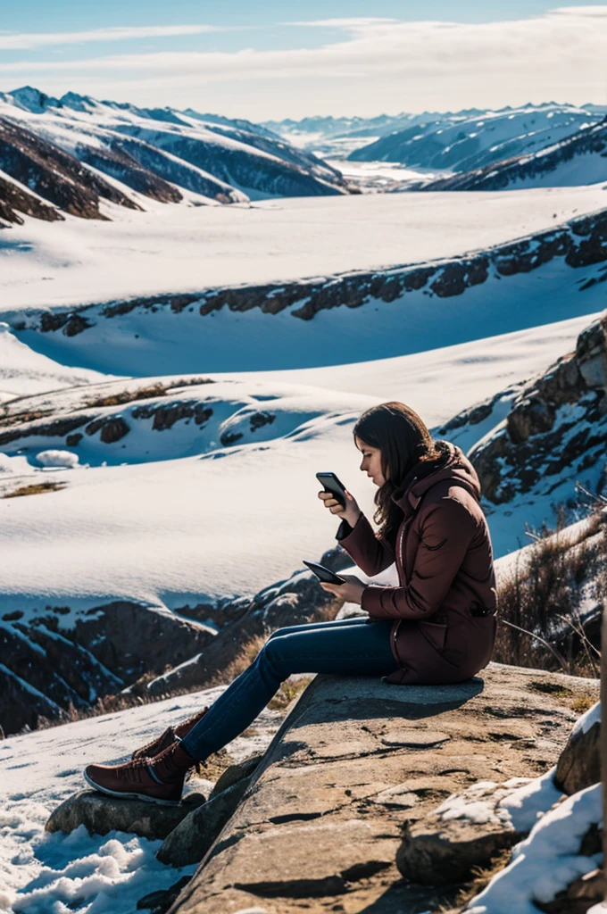 Dead woman frozen sitting on a low wall filming the landscape with her phone