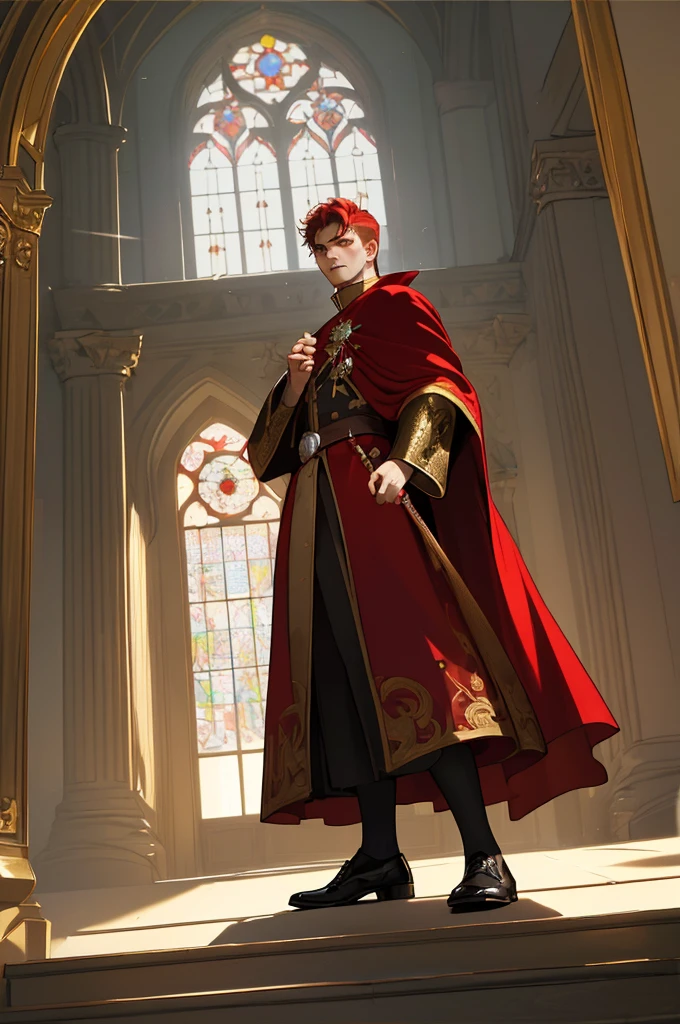 (masterpiece, highest quality), a high angle perspective view of a young man walking in  the castle halls  he has red hair and yellow eyes and five fingers , he is also wearing a red royal medieval suite and robe clothing and has golden medals on his chest, and is wearing black noble shoes, and in the background is the library and a huge glass window with sunlight 
