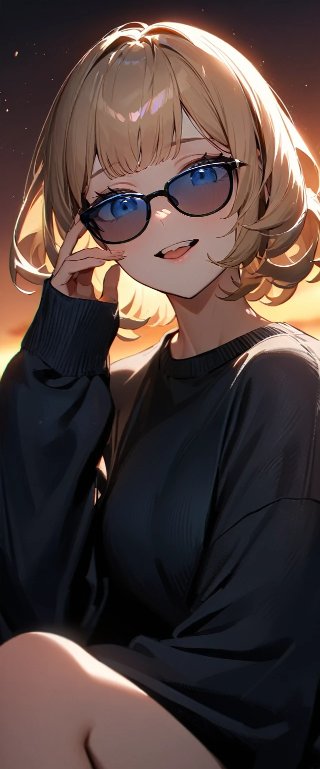 (((One girl))), (((portrait, face))), ((from below)), (((looking down))), ((outward curled hair)), from side:1.3, sea, beach, evening, Sunset, ((Sitting on a cliff)), wavy hair, blond hair, open mouth, tongue out, ((sunglasses, hand to sunglasses)), (bob cut:1.3)), breasts, standard body, (looking at viewer), oversized clothes, puffy long sleeves, collarbone, ((off-shoulder sweater dress:1.3, Quite thick shoulder straps)), (((sleeves past wrists:1.3))), ((black sweater)), teenager, head tilt:1.3, (((blue eye))), ((happy smile)), (((anime style))), (best quality, 4K, 8K, highres, masterpiece:1.2, ultra-detailed, ultra-detailed eyes, HDR, uhd, studio lighting, ultra-fine painting, sharp focus, physically-based rendering, extreme detail description, professional, vivid colors, bokeh), ((Highest quality, Best image quality, Ultra-high resolution, Ultra-high resolution, solo, Strong eye highlights)), Depth of written boundary, Natural soft light, attractive, Beautiful Face, Cleanliness, Pure Face, medium chest, Beautiful Face, Perfect Fingers, Perfect hands, Perfect body, Perfect Face, Shine a light into your eyes, Perfect Anatomy