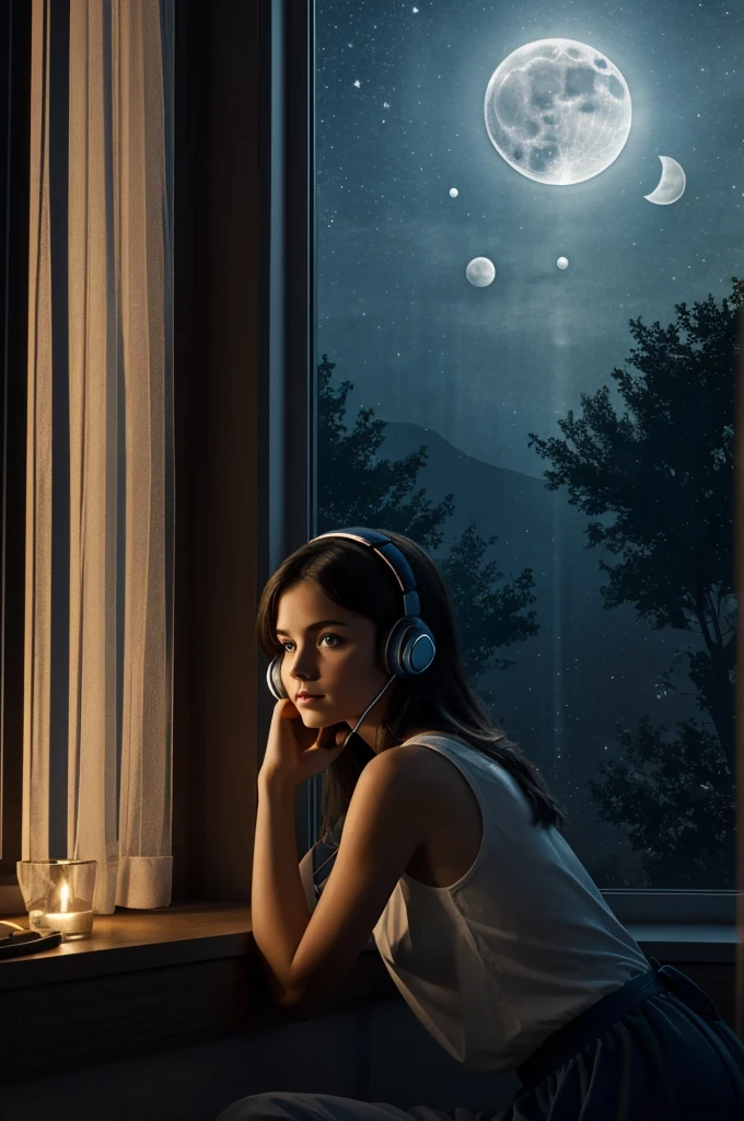 Create an illustration of a girl with dark hair and blue eyes, sitting sideways in front of the window of her room, She is wearing headphones and has a sentimental and introspective expression, Moonlight softly shines into the room, gently illuminating the space, Curtains sway in the breeze, enhancing the serene, melancholic atmosphere, Emphasizing the themes of solitude, silence, and the depths of night, the room is dark but slightly illuminated by moonlight