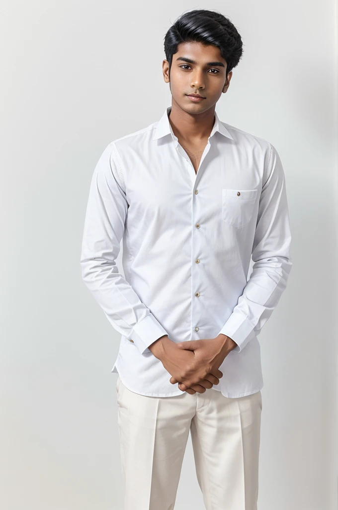 21 year old indian boy With fair skin and narrow body simple pose like hands fold and standing straight for a linkedin picture in formals and it should be clean white background 