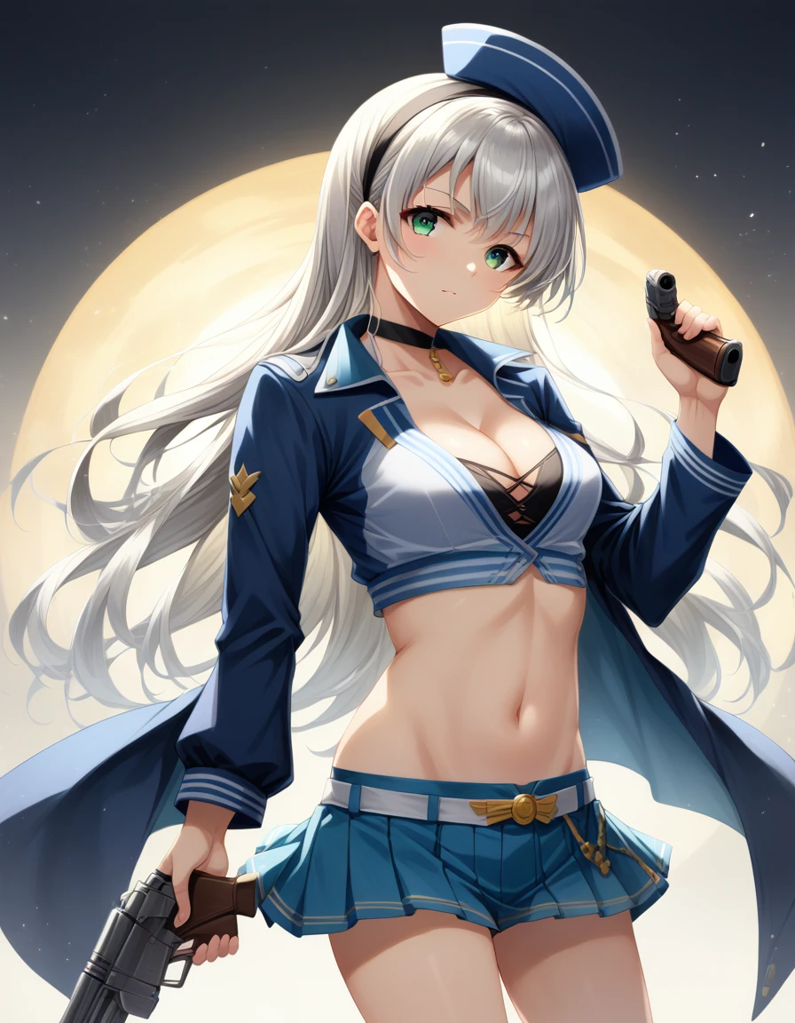 score_9,score_8_up,score_7_up,score_6_up,score_5_up,score_4_up,  ,source_anime BREAK,from side,front view,(soro focus),,straight-on,standing,,looking at viewer,masterpiece, best quality, very aesthetic, absurdres,extremely detailed CG unity 8k wallpaper,cinematic angle, great lighting, detailed shadows,detailed body, anime artwork, anime style, key visual, vibrant,studio anime, highly detailed, anime coloring,raceElie, hairband, choker, blue hat, blue jacket, cropped jacket, cleavage, midriff, blue shorts, pleated skirt,holding a gun,silver gun,aiming at viewer, (focused gun), (zoom in upper body:1.3),
