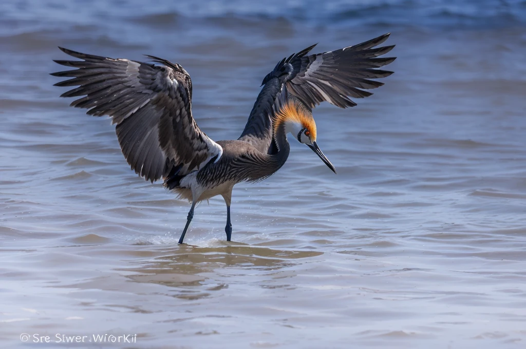 arafed bird with Spread your wings out in the water, With big wings, Spread your wings, Emerge from the water, Spread your wingsing, Spread your wings, He is struggling, Close-up photos, Beautiful and graceful, wispy gigantic wings, By Arnie Swecker, Fierce Battle, Dramatic pose, Flying hair on wings, crane, Spread your wings