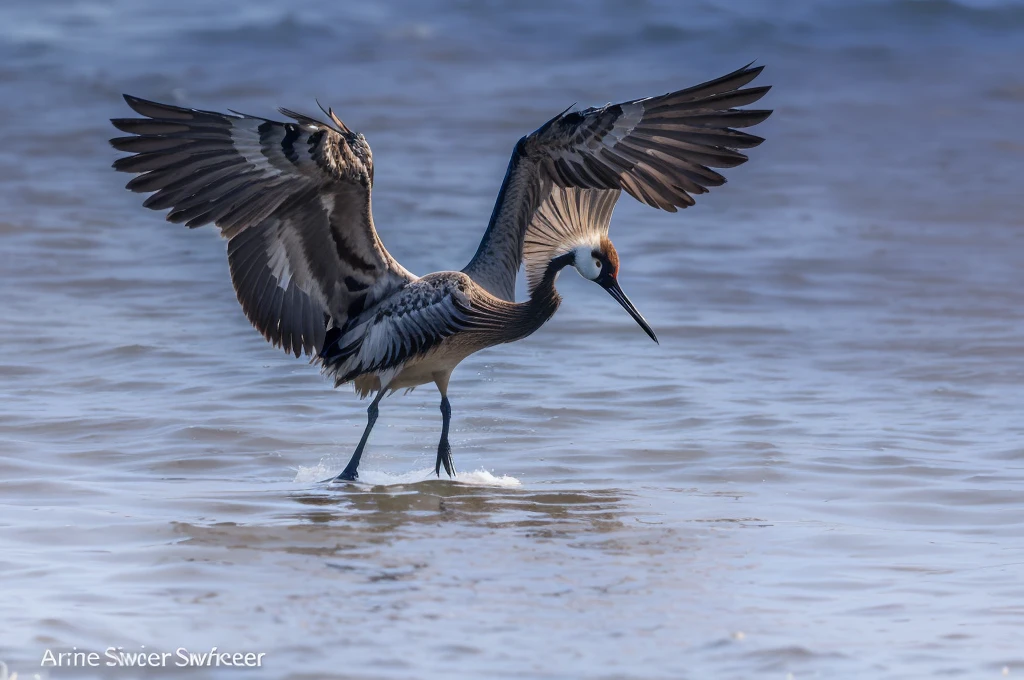 arafed bird with Spread your wings out in the water, With big wings, Spread your wings, Emerge from the water, Spread your wingsing, Spread your wings, He is struggling, Close-up photos, Beautiful and graceful, wispy gigantic wings, By Arnie Swecker, Fierce Battle, Dramatic pose, Flying hair on wings, crane, Spread your wings