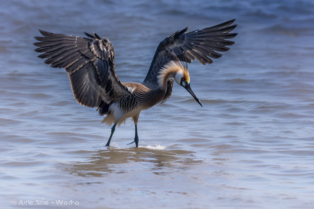 arafed bird with Spread your wings out in the water, With big wings, Spread your wings, Emerge from the water, Spread your wingsing, Spread your wings, He is struggling, Close-up photos, Beautiful and graceful, wispy gigantic wings, By Arnie Swecker, Fierce Battle, Dramatic pose, Flying hair on wings, crane, Spread your wings