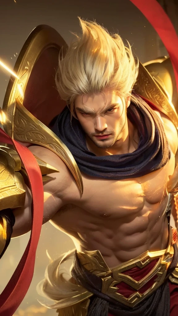 a close up portrait of a muscular shirtless man with long white hair, gilgamesh, chiseled facial features, piercing eyes, powerful presence, dramatic lighting, photorealistic, cinematic, highly detailed, 8k