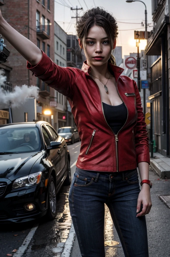 1girl, (realistic),(hyperrealism),(best quality),(masterpiece),(ultra high res),(photorealistic),idol,eye makeup,detailed eyes,detailed face,black dress, claireredfield2, brown hair, (red jacket:1.2), ponytail, (denim pants:1.3),,  red wristband, grey inner bra,,  abandoned street, burning cars in background, littered street, smoke, chaos, zombie apocalypse, nighttime, streetlamp illumination, full moon,,  flirting, looking at viewer, selfie view