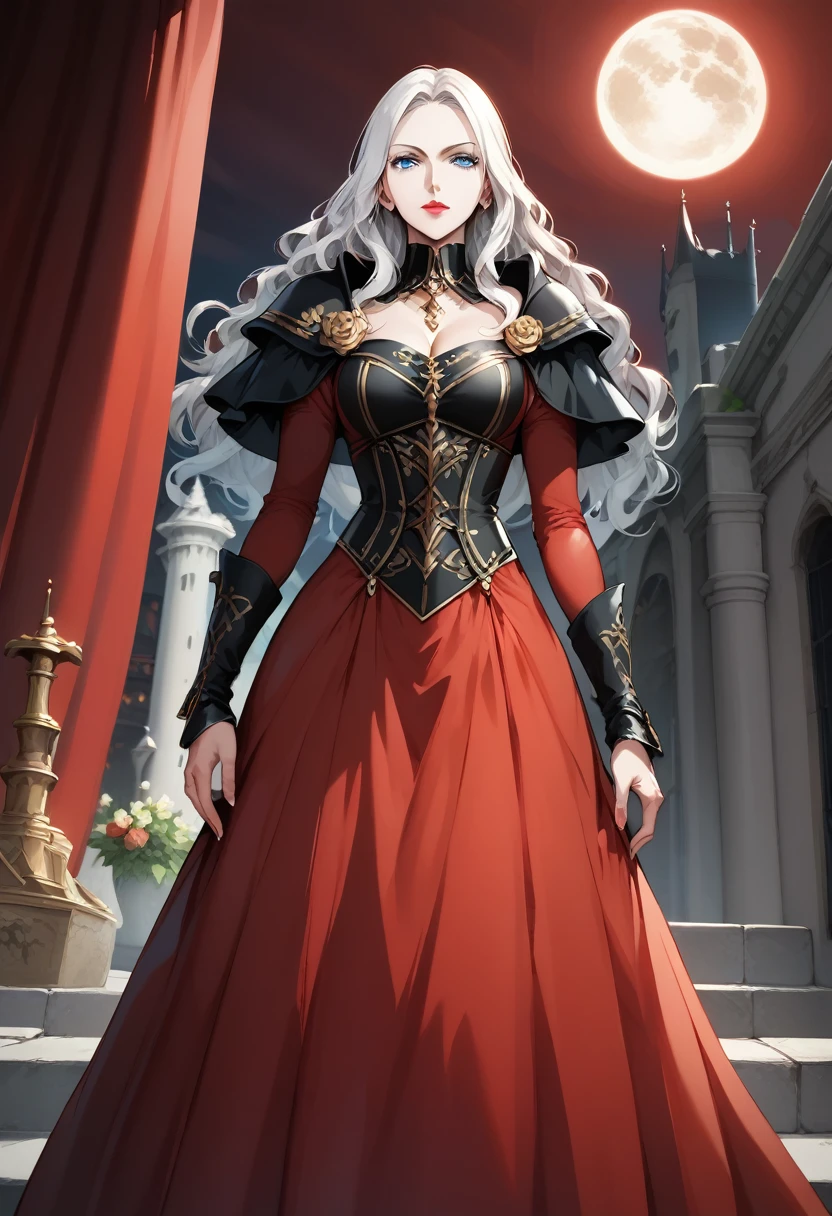 score_9, score_8_up, score_7_up, source_anime, (Masterpiece), (anime, illustration), 4k, high res, highest quality, ray tracing, 
BREAK,
A beautiful woman stands in a tight-fitting, red dress, 
Carmilla, Carmilla(Castlevania), Carmilla_(Castlevania), 1woman, vampire, pale skin, albino, red dress, long dress, shoulder
_armor, pauldrons, long hair, white hair, long hair, (blue eyes), by a window, 
Red sky, full moon, castle,