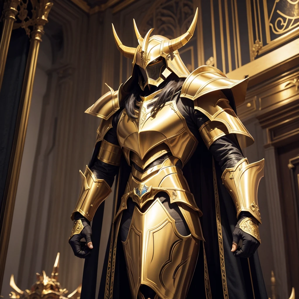 Aldebaran Taurus knight with long thin hair, golden armor with slender design