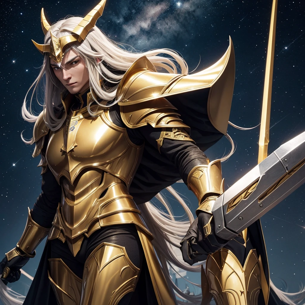 Aldebaran Taurus knight with long thin hair, golden armor with slender design