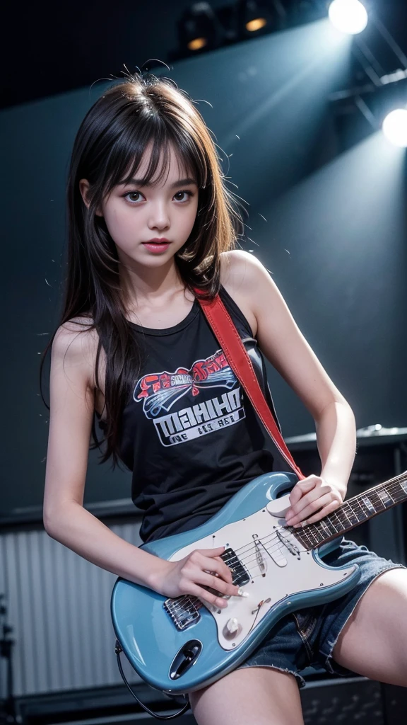 ((Beautiful girl playing electric guitar on stage at a rock concert)), Detailed Electric Guitar, (Table Top), (Highest quality, 8K, masterpiece:1.2, RAW Photos), (Realistic:1.2), Japanese, (Innocent face, beautiful girl:1.2, Baby Face:1#39;s face), (Stand with your feet apart, Thin thighs, Knee-high, Sexy Panty Shots:1.4), (Cute tank top and mini pleated skirt:1.3), ((Cross pendant necklace accentuates the chest)), Silky beautiful hair, Short pigtails, ((Detailed eyes and face:1.2, Professional photography techniques, Stage lighting)), (Detailed hands, A girl's small and beautiful hands:1.2), audience,