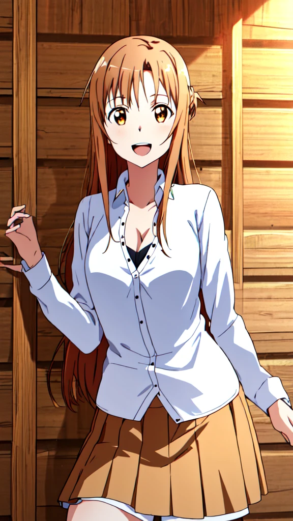 (masterpiece, 4K, Highest quality, anime style: 1.9, Detailed face, Lovely,Bold, High resolution, anime, alone, Curvaceous, Thighs, Cleavage, Medium Chest, Very slim belly, Cowboy Shot,1 Girl,asuna yuuki (Asuna Yuki) - Sword Art Online (Sword Art Online),(((Long sleeved white shirt,Brown Skirt))),Open your mouth wide,smile,(indoor,Wooden wall)