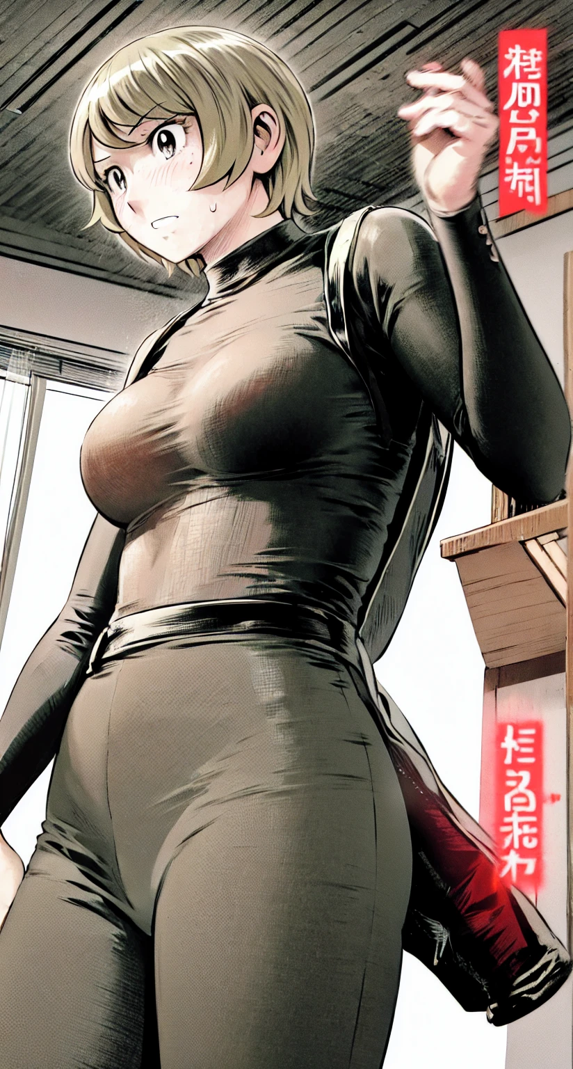 、(masterpiece、Highest quality)、Highest quality, Ultra-high resolution, (((masterpiece))), alone, Sweat、Big eyes,office、Tight white dress shirt、Tight black suit、Tight black pants、indoor、Composition from the front、(Cut the back hair short、short hair、blonde、woman)、Shortcuts、Embarrassed face、Cut your hair short、可愛いwomanの子、Big Breasts