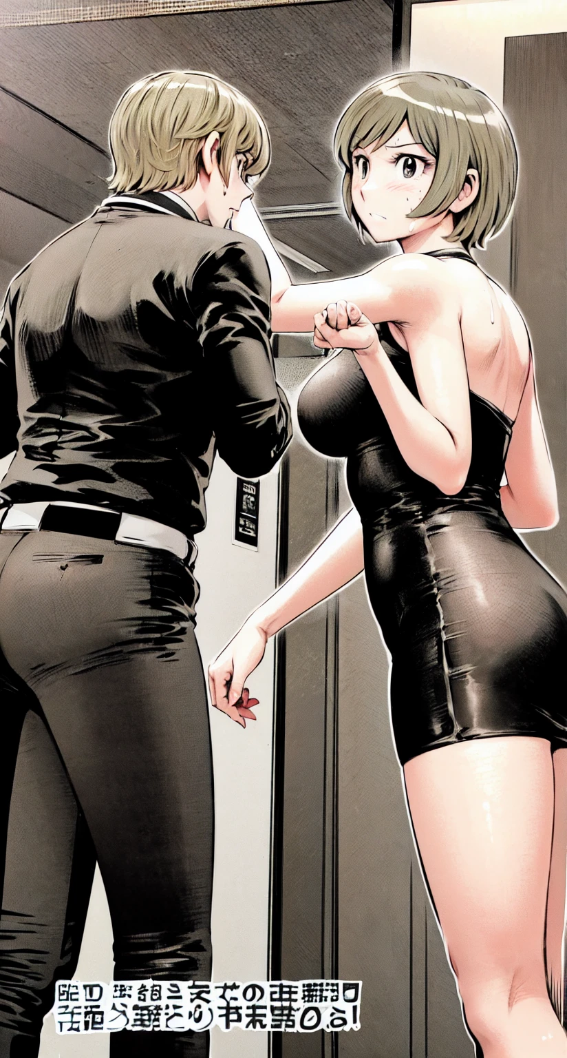 、(masterpiece、Highest quality)、Highest quality, Ultra-high resolution, (((masterpiece))), alone, Sweat、Big eyes,office、Tight white dress shirt、Tight black suit、Tight black pants、indoor、Composition from the front、(Cut the back hair short、short hair、blonde、woman)、Shortcuts、Embarrassed face、Cut your hair short、可愛いwomanの子、Big Breasts
