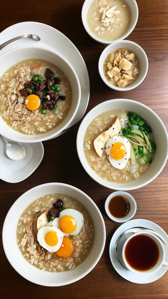 Breakfast, porridge and miso soup on the table.