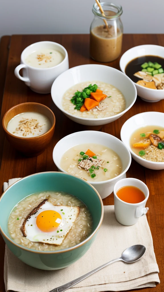 Breakfast, porridge and miso soup on the table.
